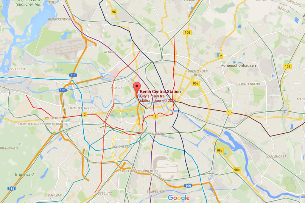 Poloha nádraží Berlin Hbf v centru Berlína (zdroj: Google Maps).